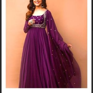 Plum/Wine/snuff color Long gown with dupatta 2pc
